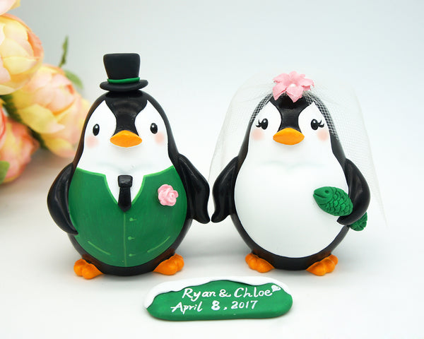 Custom Penguin Wedding Cake Toppers Green Theme