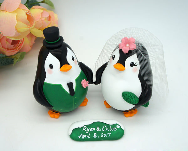 Custom Penguin Wedding Cake Toppers Green Theme