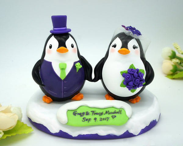 Custom Penguin Wedding Cake Topper With Dark Purple Flowers-Cute Love Birds Cake Topper Purple Theme