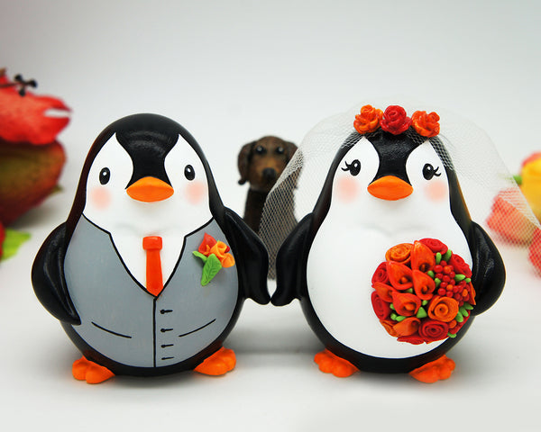 Fall Penguin Wedding Cake Toppers With Burnt Orange And Red Bouquet,Penguin Wedding Cake Toppers Autumn Themed,Love Bird Wedding Cake Toppers