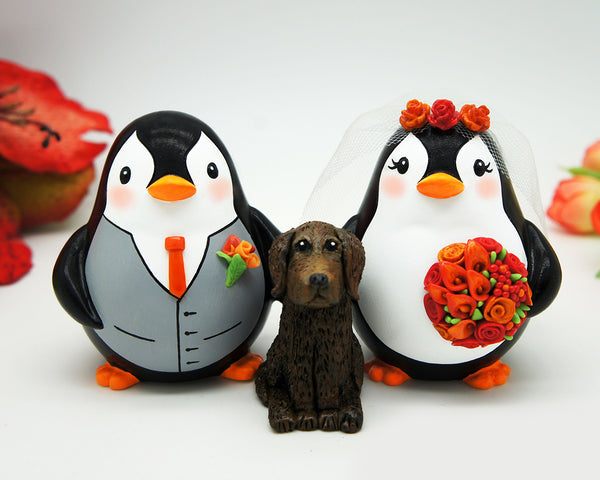 Fall Penguin Wedding Cake Toppers With Burnt Orange And Red Bouquet,Penguin Wedding Cake Toppers Autumn Themed,Love Bird Wedding Cake Toppers