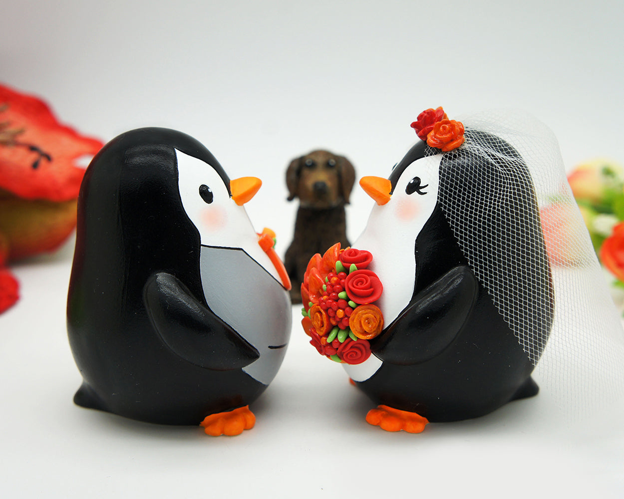 Fall Penguin Wedding Cake Toppers With Burnt Orange And Red Bouquet,Penguin Wedding Cake Toppers Autumn Themed,Love Bird Wedding Cake Toppers