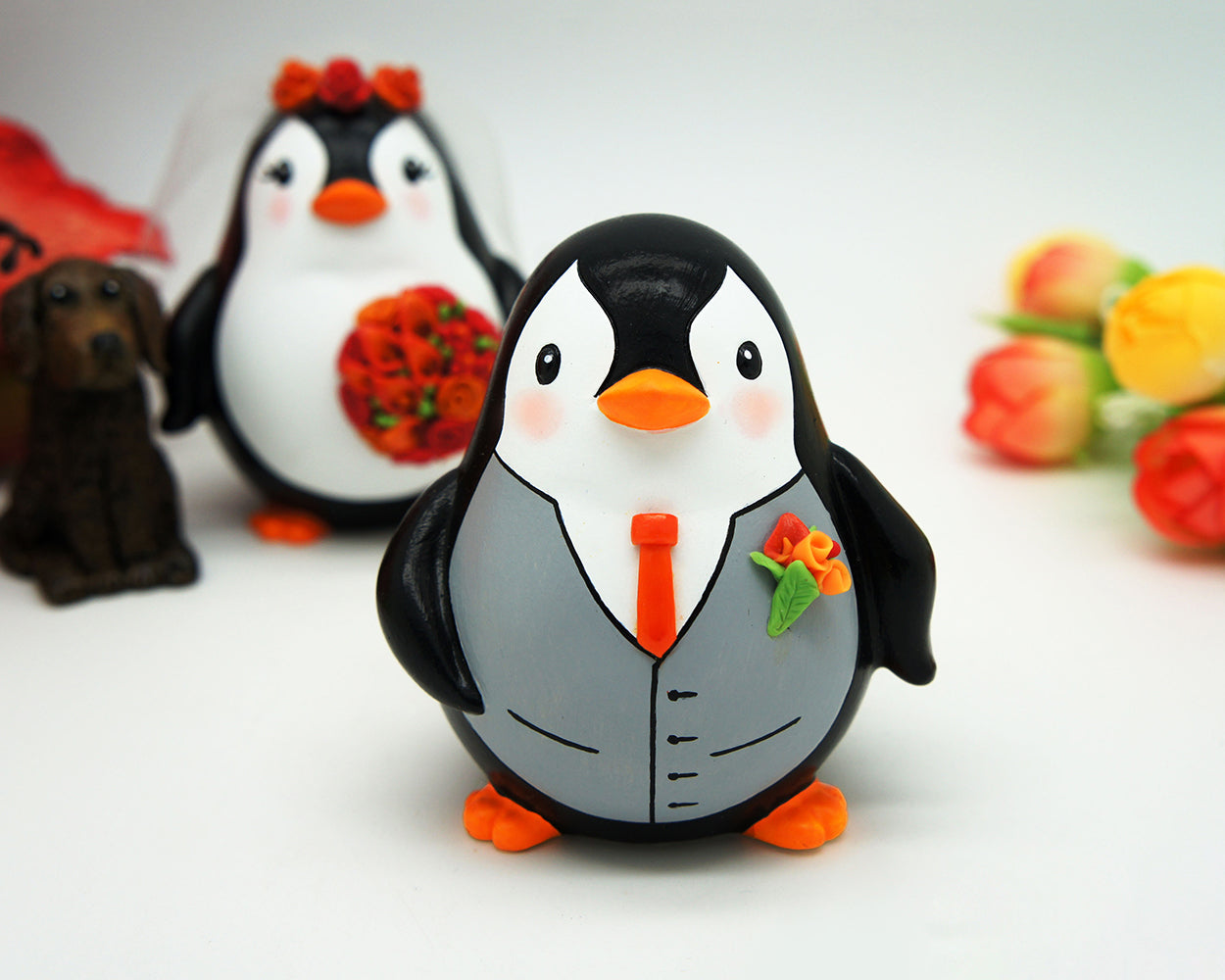Fall Penguin Wedding Cake Toppers With Burnt Orange And Red Bouquet,Penguin Wedding Cake Toppers Autumn Themed,Love Bird Wedding Cake Toppers