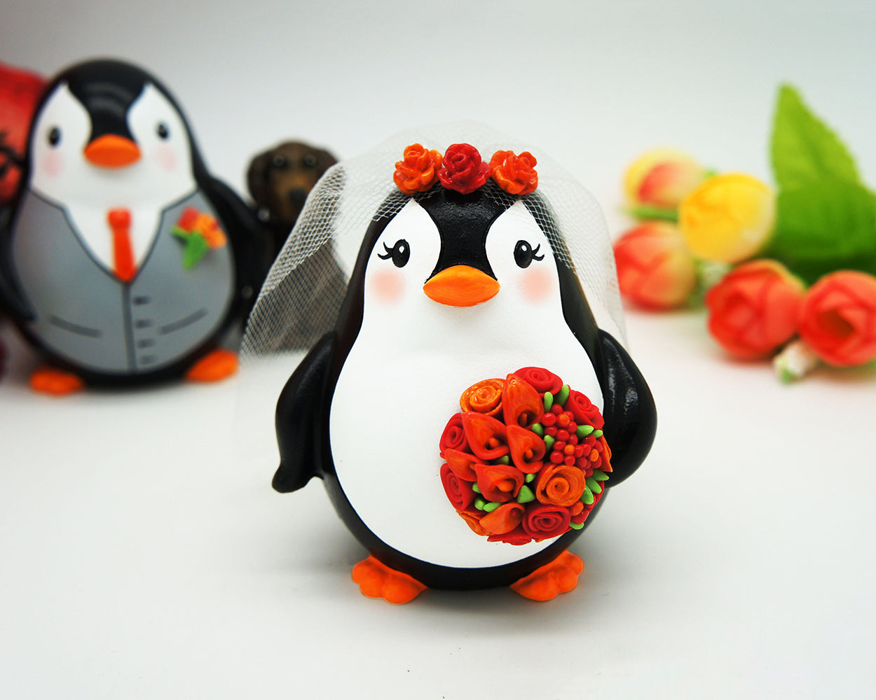 Fall Penguin Wedding Cake Toppers With Burnt Orange And Red Bouquet,Penguin Wedding Cake Toppers Autumn Themed,Love Bird Wedding Cake Toppers
