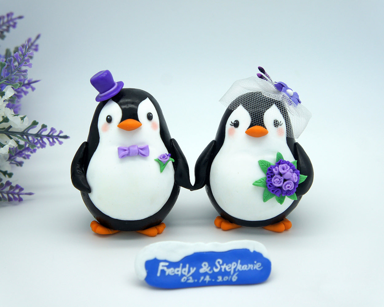 Custom Penguin Wedding Cake Toppers Purple Theme- Love Bird Wedding Cake Toppers