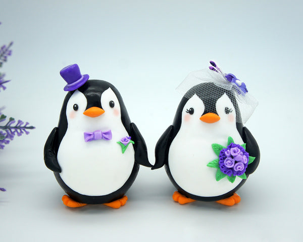 Custom Penguin Wedding Cake Toppers Purple Theme- Love Bird Wedding Cake Toppers