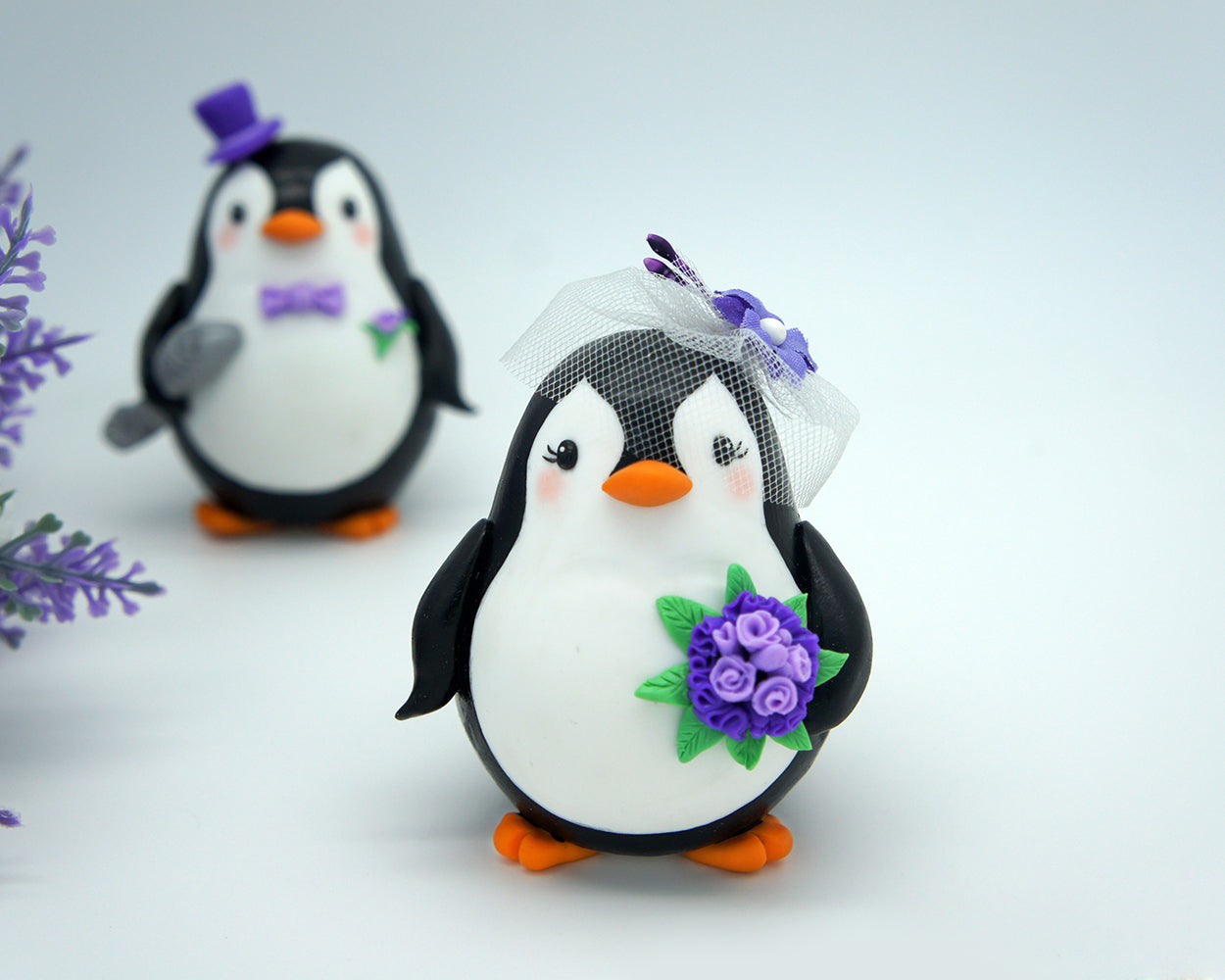 Custom Penguin Wedding Cake Toppers Purple Theme- Love Bird Wedding Cake Toppers