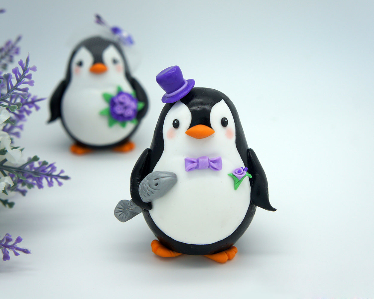 Custom Penguin Wedding Cake Toppers Purple Theme- Love Bird Wedding Cake Toppers