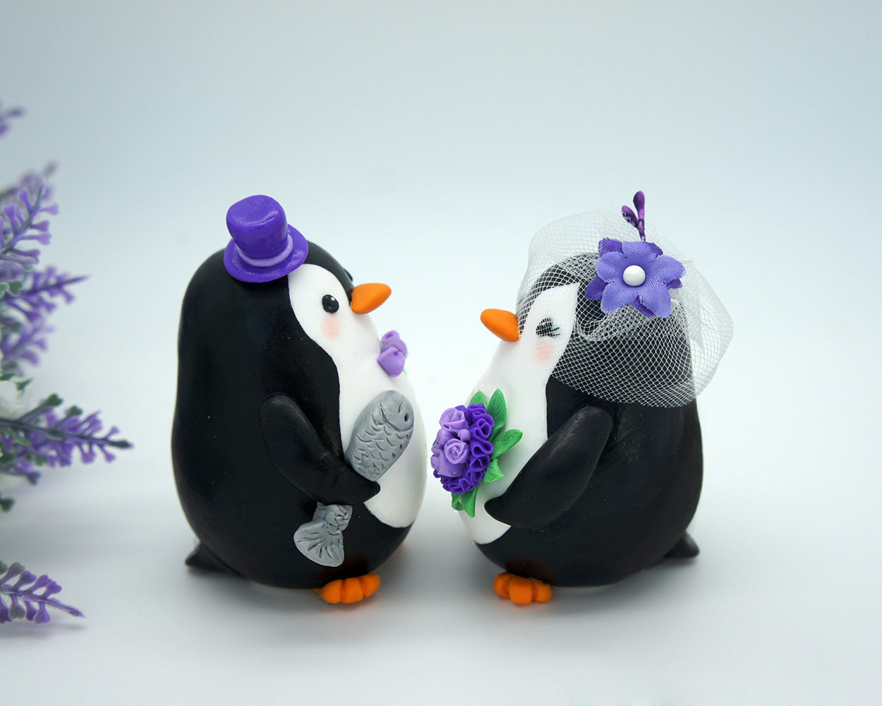 Custom Penguin Wedding Cake Toppers Purple Theme- Love Bird Wedding Cake Toppers