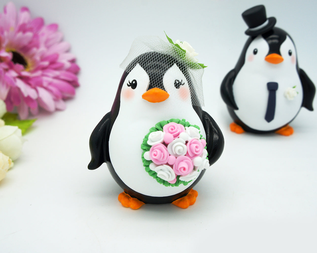 Penguin Wedding Cake Toppers Pink Theme-Love Bird Wedding Cake Toppers