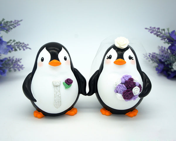 Funny Penguin Wedding Cake Topper Purple Theme-Groom And Bride Wedding Cake Topper With Purple Bouquet