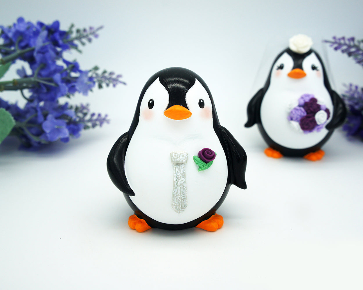 Funny Penguin Wedding Cake Topper Purple Theme-Groom And Bride Wedding Cake Topper With Purple Bouquet