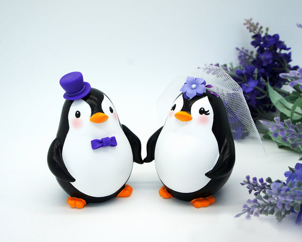 Custom Penguin Wedding Cake Topper Purple Theme-Love Bird Wedding Cake Topper