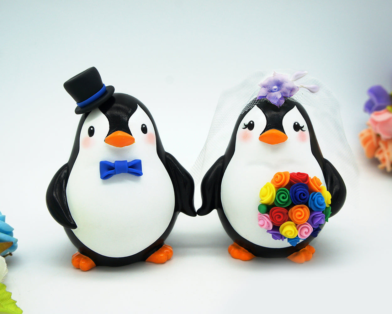 Funny Penguin Wedding Cake Toppers Rainbow Theme-Personalised Bride And Groom Wedding Cake Toppers