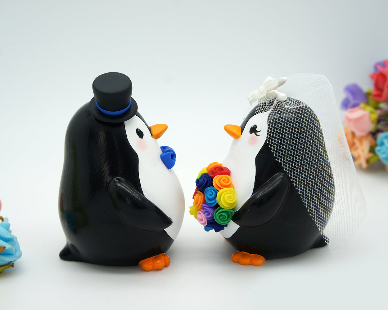 Funny Penguin Wedding Cake Toppers Rainbow Theme-Personalised Bride And Groom Wedding Cake Toppers
