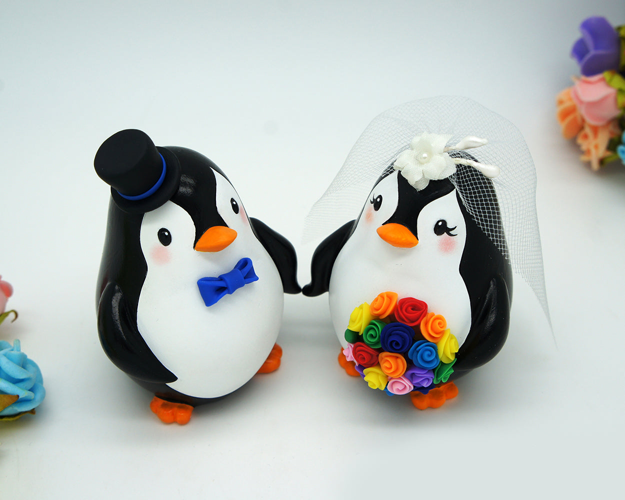 Funny Penguin Wedding Cake Toppers Rainbow Theme-Personalised Bride And Groom Wedding Cake Toppers