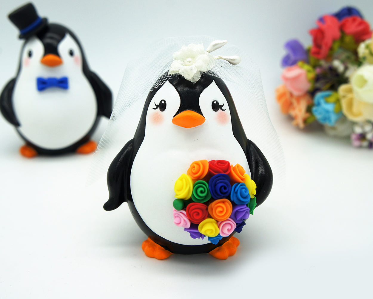 Funny Penguin Wedding Cake Toppers Rainbow Theme-Personalised Bride And Groom Wedding Cake Toppers