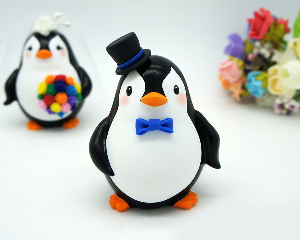 Funny Penguin Wedding Cake Toppers Rainbow Theme-Personalised Bride And Groom Wedding Cake Toppers