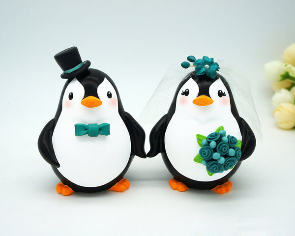 Custom Penguin Wedding Cake Topper With Teal Flowers-Cute Love Birds Wedding Cake Topper