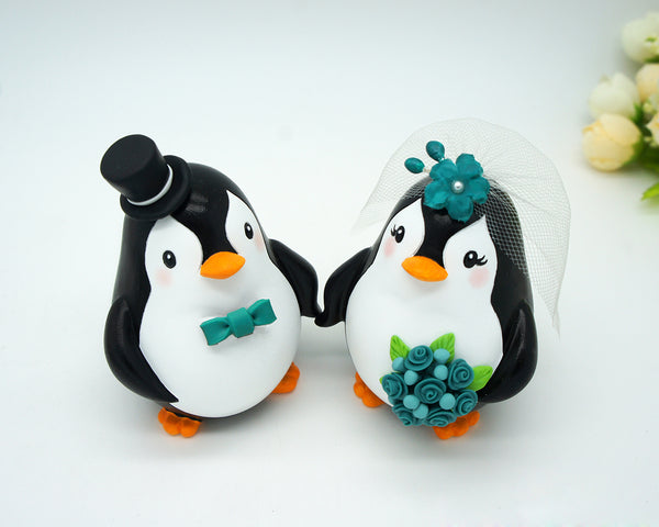 Custom Penguin Wedding Cake Topper With Teal Flowers-Cute Love Birds Wedding Cake Topper