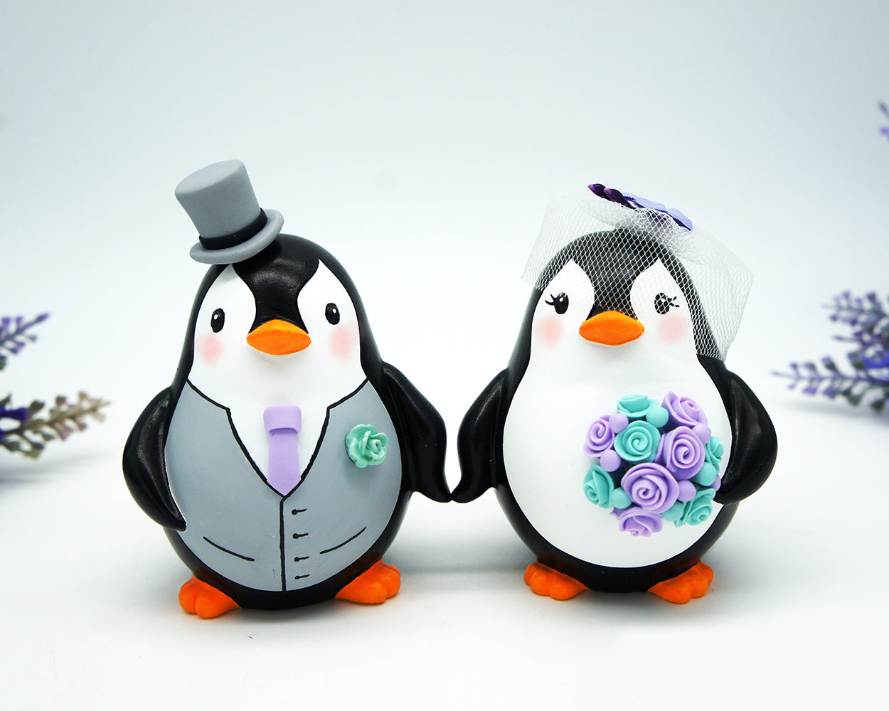 Funny Penguin Wedding Cake Toppers Purple Turquoise Themed-Custom Love bird Wedding Cake Toppers
