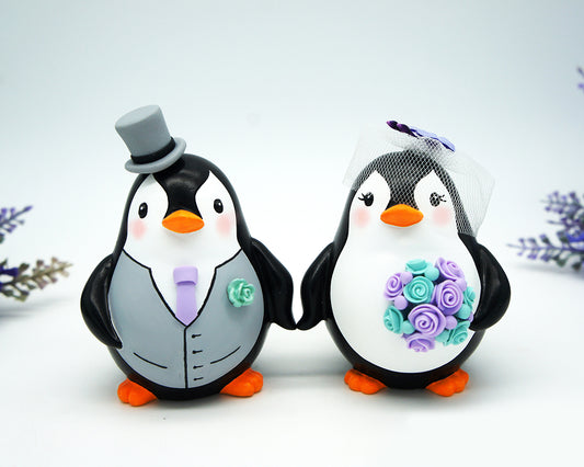 Funny Penguin Wedding Cake Toppers Purple Turquoise Themed-Custom Love bird Wedding Cake Toppers