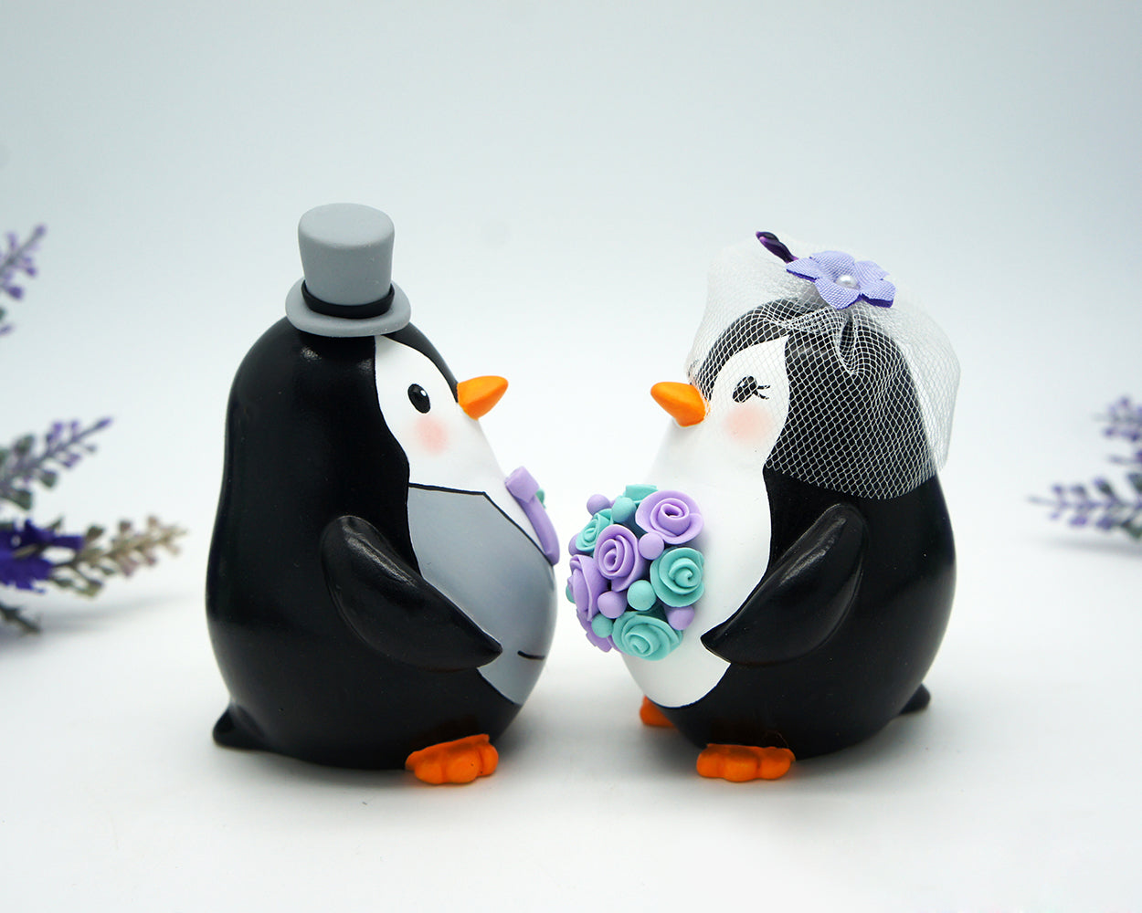 Funny Penguin Wedding Cake Toppers Purple Turquoise Themed-Custom Love bird Wedding Cake Toppers