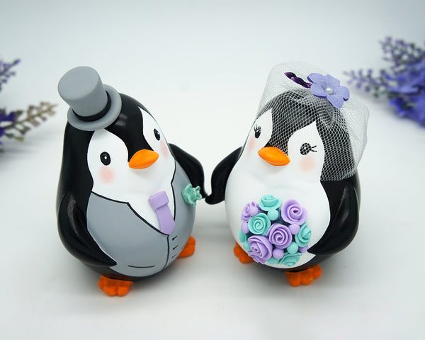 Funny Penguin Wedding Cake Toppers Purple Turquoise Themed-Custom Love bird Wedding Cake Toppers