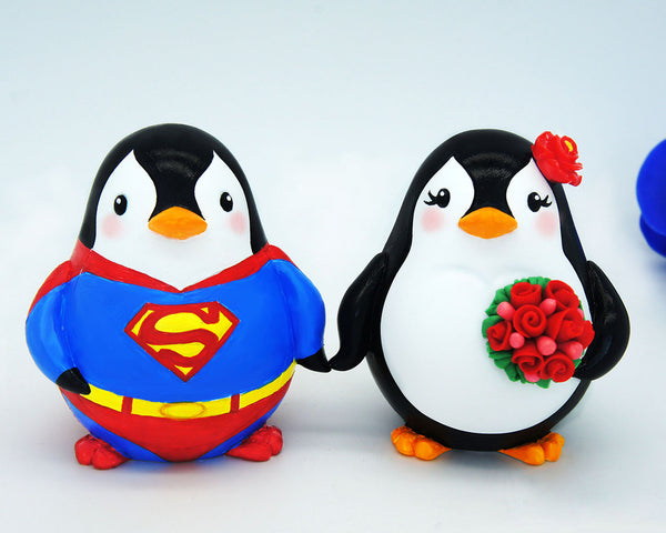 Superman Wedding Cake Toppers -Custom Penguin Love Bird Cake Toppers