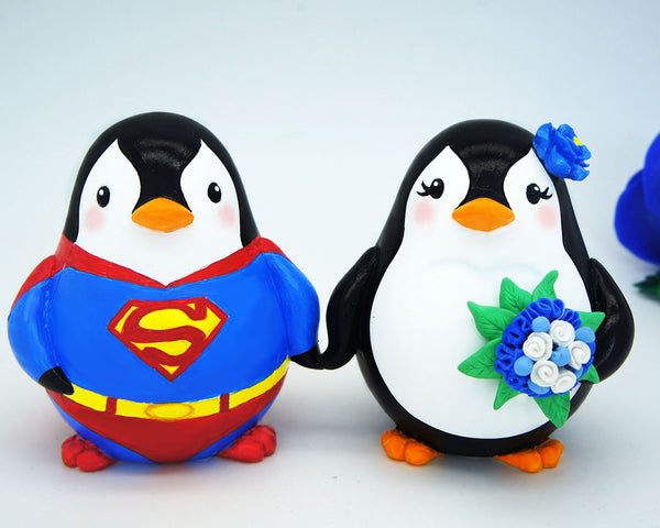 Superman Wedding Cake Toppers -Custom Penguin Love Bird Cake Toppers