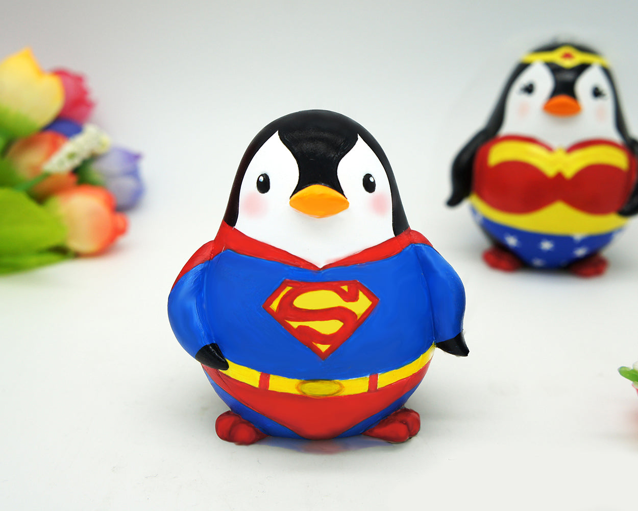 Superman and Wonder Woman Wedding Cake Toppers-Superhero Penguin Wedding Cake Toppers