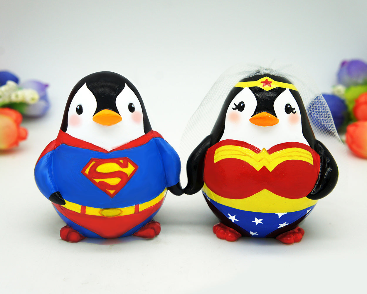 Superman and Wonder Woman Wedding Cake Toppers-Superhero Penguin Wedding Cake Toppers