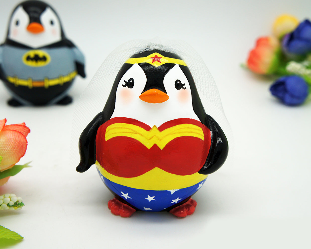 Superman and Wonder Woman Wedding Cake Toppers-Superhero Penguin Wedding Cake Toppers