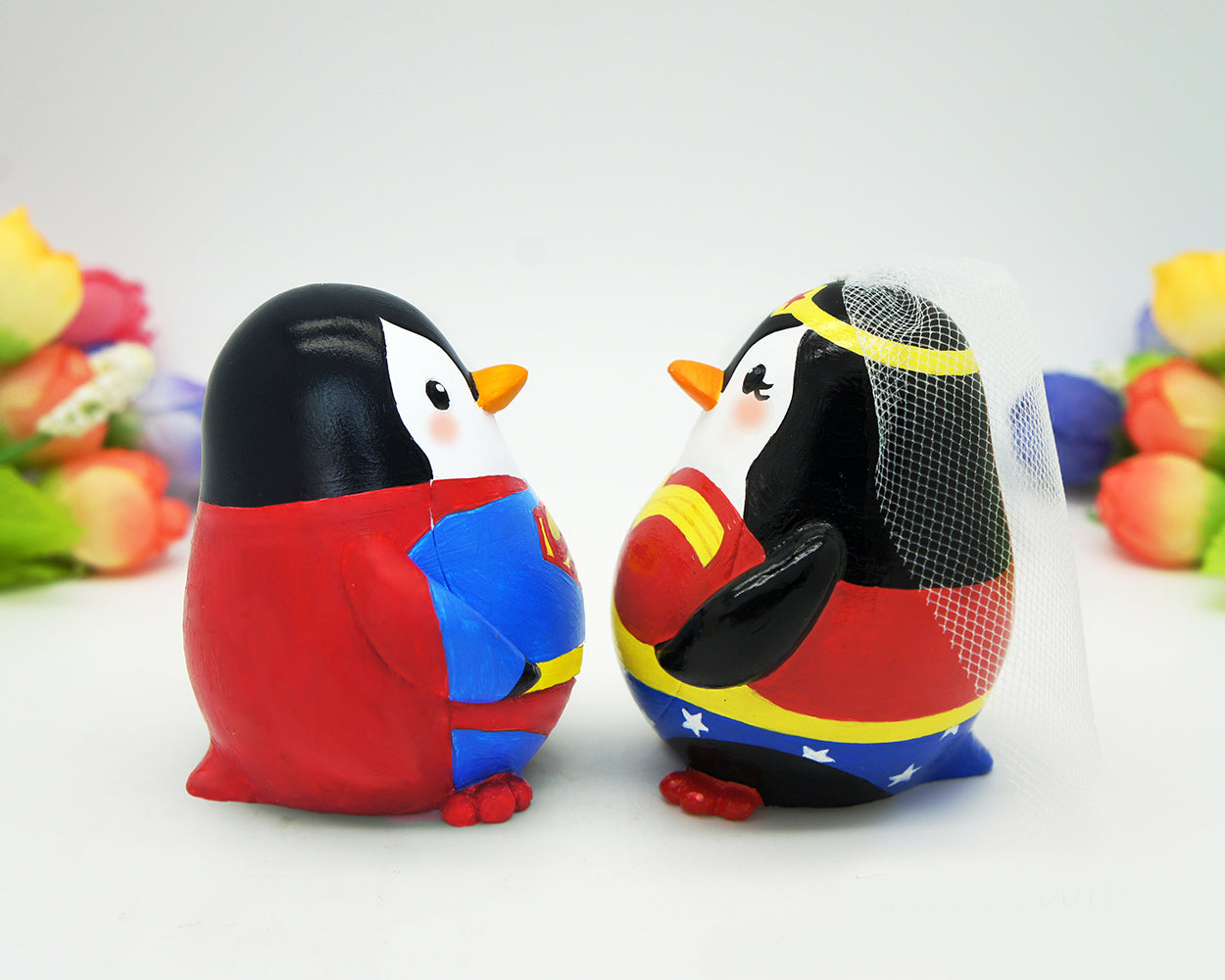 Superman and Wonder Woman Wedding Cake Toppers-Superhero Penguin Wedding Cake Toppers