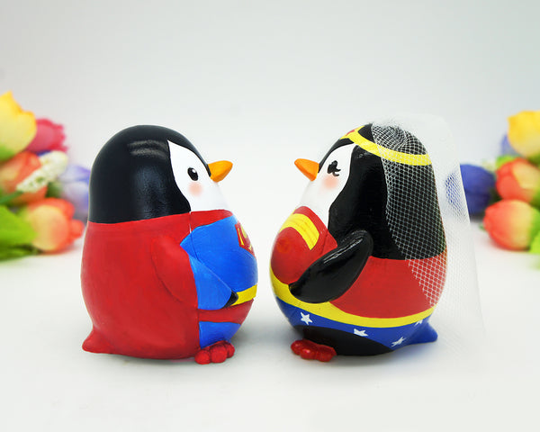 Superman and Wonder Woman Wedding Cake Toppers-Superhero Penguin Wedding Cake Toppers