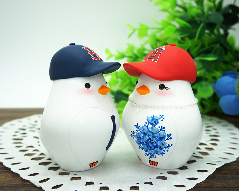 Baseball Wedding Cake Topper With Boston Red Sox And LA Angels Hat-Love Bird Cake Topper Sports Theme