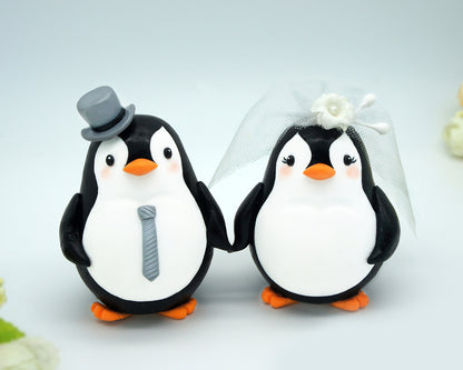 Custom Grey Penguin Wedding Cake Toppers