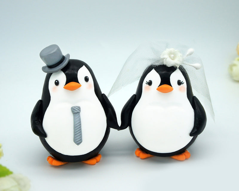Custom Grey Penguin Wedding Cake Toppers