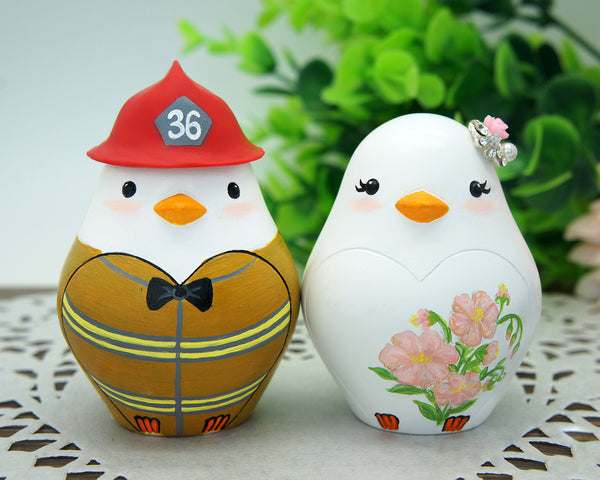Custom Love Bird Firefighter Wedding Cake Toppers-Bride And Groom Firefighter Wedding Cake Toppers