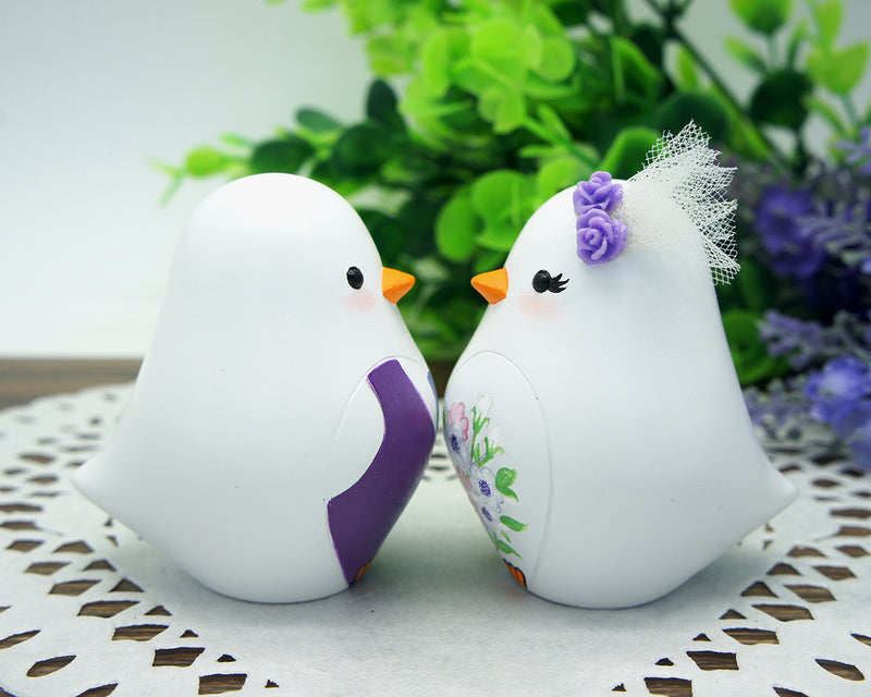 Love Bird Wedding Cake Toppers Purple Theme-Vintage Country Bride And Groom Cake Toppers With Purple Flowers