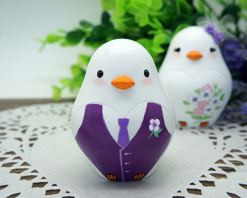 Love Bird Wedding Cake Toppers Purple Theme-Vintage Country Bride And Groom Cake Toppers With Purple Flowers