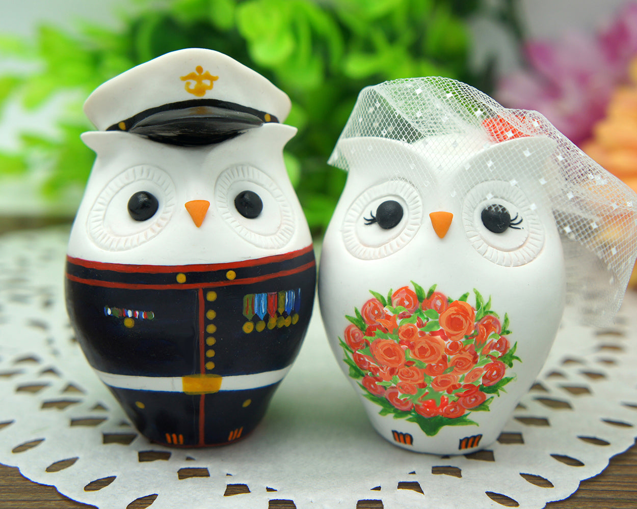 Custom Owl Marine Corps Wedding Cake Toppers-Bride And Groom Owl Wedding Cake Toppers