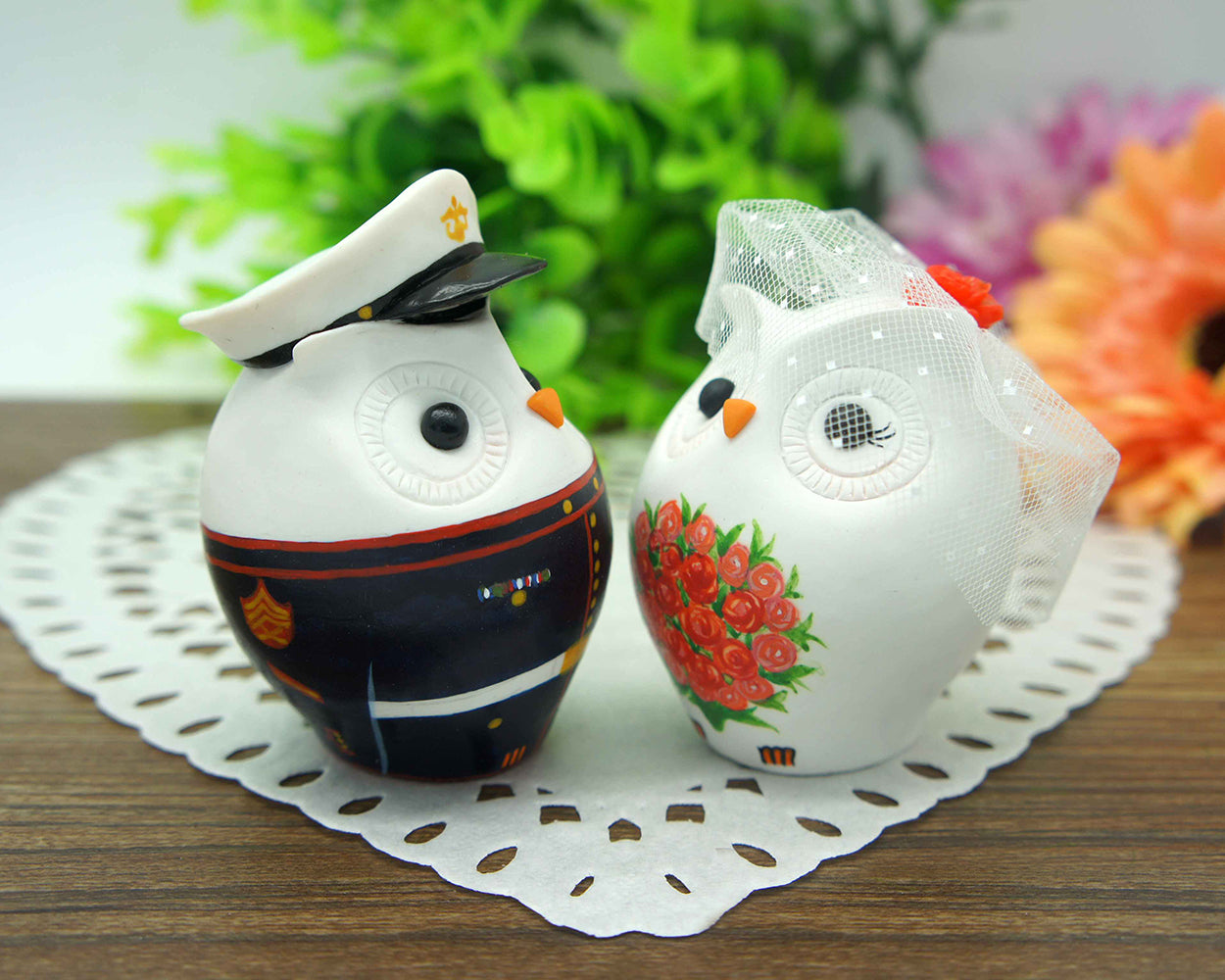Custom Owl Marine Corps Wedding Cake Toppers-Bride And Groom Owl Wedding Cake Toppers