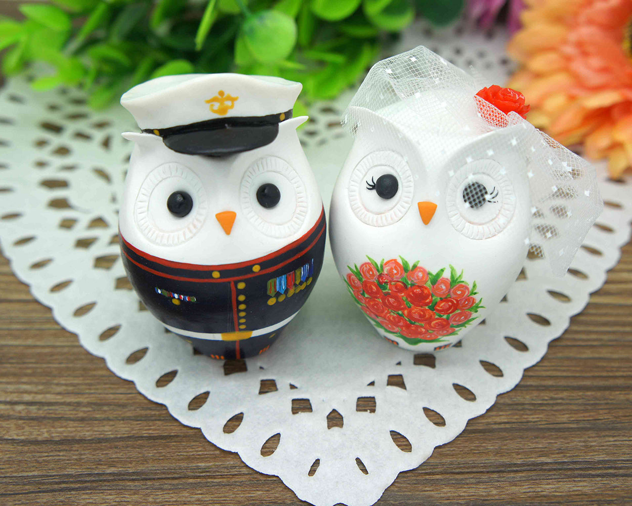 Custom Owl Marine Corps Wedding Cake Toppers-Bride And Groom Owl Wedding Cake Toppers