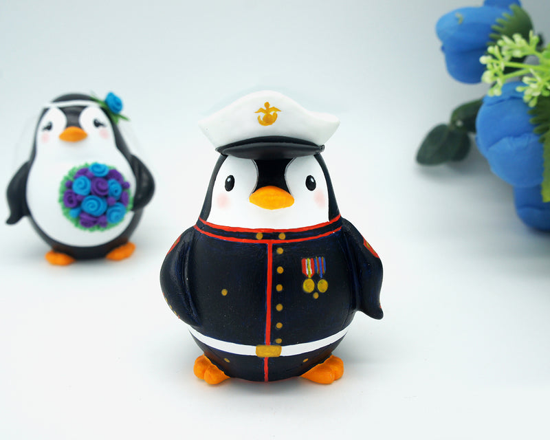 Love Bird Penguin Wedding Cake Toppers-Army Marine Corps Wedding Cake Toppers With Blue Purple Bouquet