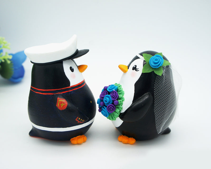 Love Bird Penguin Wedding Cake Toppers-Army Marine Corps Wedding Cake Toppers With Blue Purple Bouquet