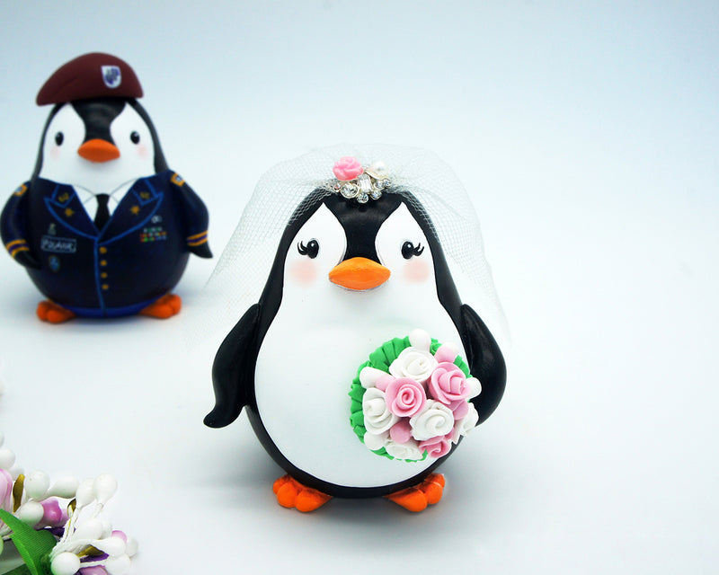Penguin Army Wedding Cake Toppers-Bride And Captain Groom With Baret