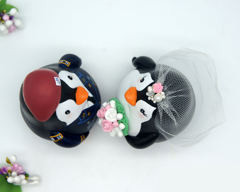 Custom Military Penguin Blush Pink Wedding Cake Toppers