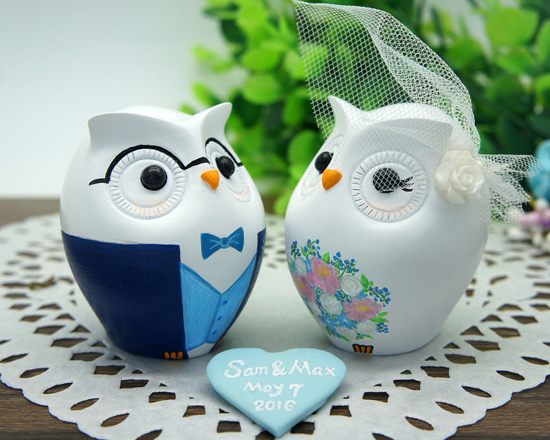 Custom Owl Blue Wedding Cake Toppers