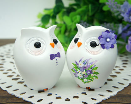 Custom Owl Wedding Cake Toppers Purple Theme- Unique Owl Bride And Groom Country Wedding Cake Toppers